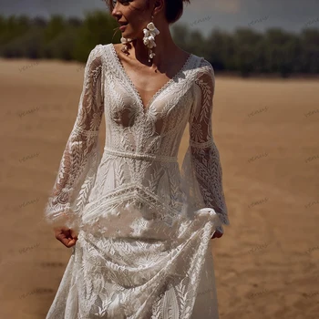 Böhmen Vintage Brautkleider für Frauen 2024, V-Ausschnitt, rückenfrei, Brautkleider, ausgestellte Ärmel, Spitze, Robe, Vestidos de Novia, individuell gestaltet