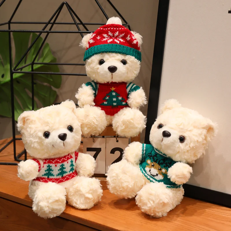 18/23cm Christmas Bear Plush With Clothes Fluffy Huggable Pillow Cute Sweater Bear Festival Gifts