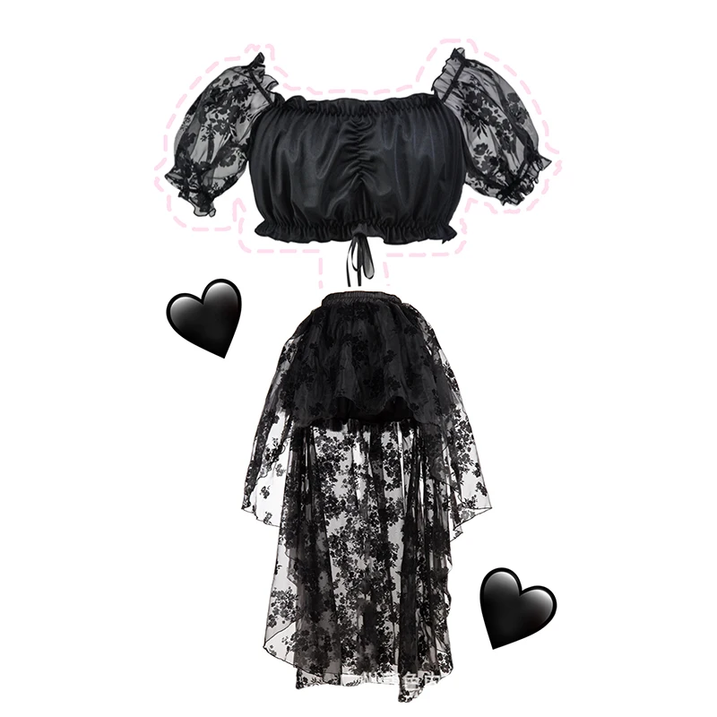 

Bubble Short Sleeves Tops Black Lace Skirt Korean Singer Dancer Kpop Outfit Women Y2K Clothes Jazz Performance Stage Wear JL5600