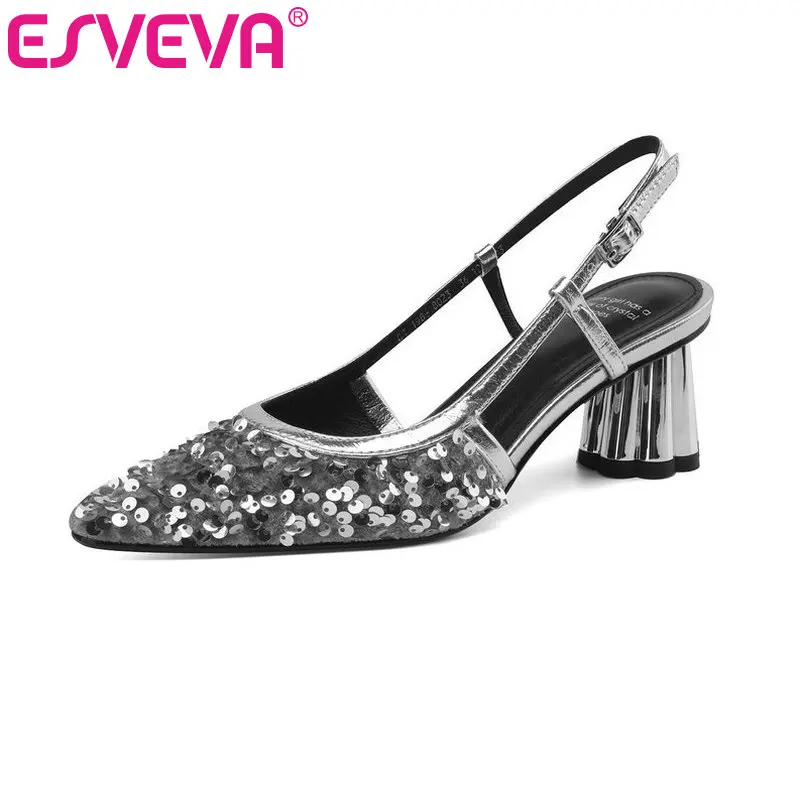 ESVEVA 2024 Thick High Heels Women Sandals Summer Ankle Strap Slingback Office Ladies Party Prom Shoes Woman Size 34-40