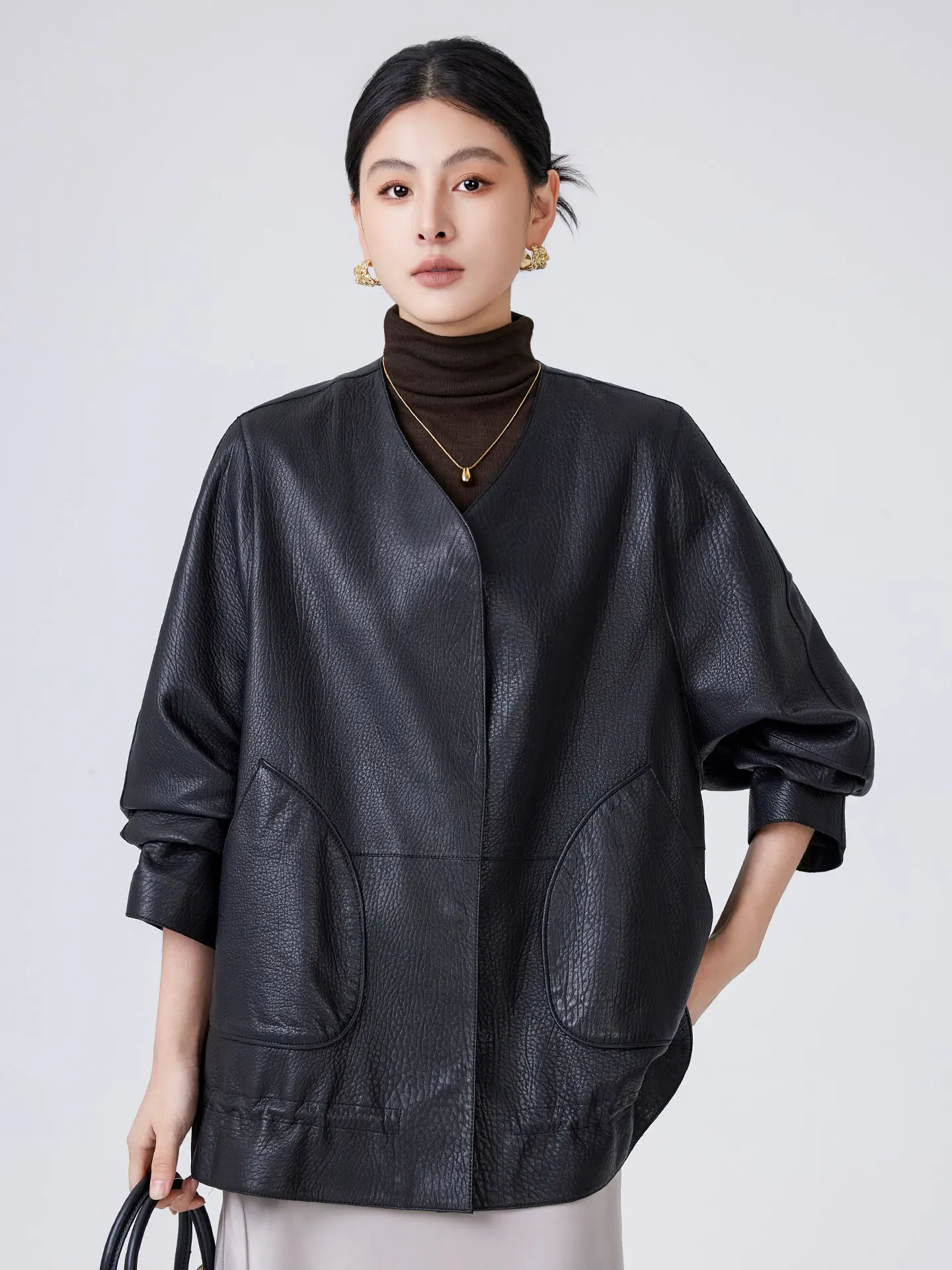 

Casual Genuine Leather Jacket for Women Simple V-neck Loose Soft Bubble Black Natural Real Sheepskin Leather Coat chaqueta cuero