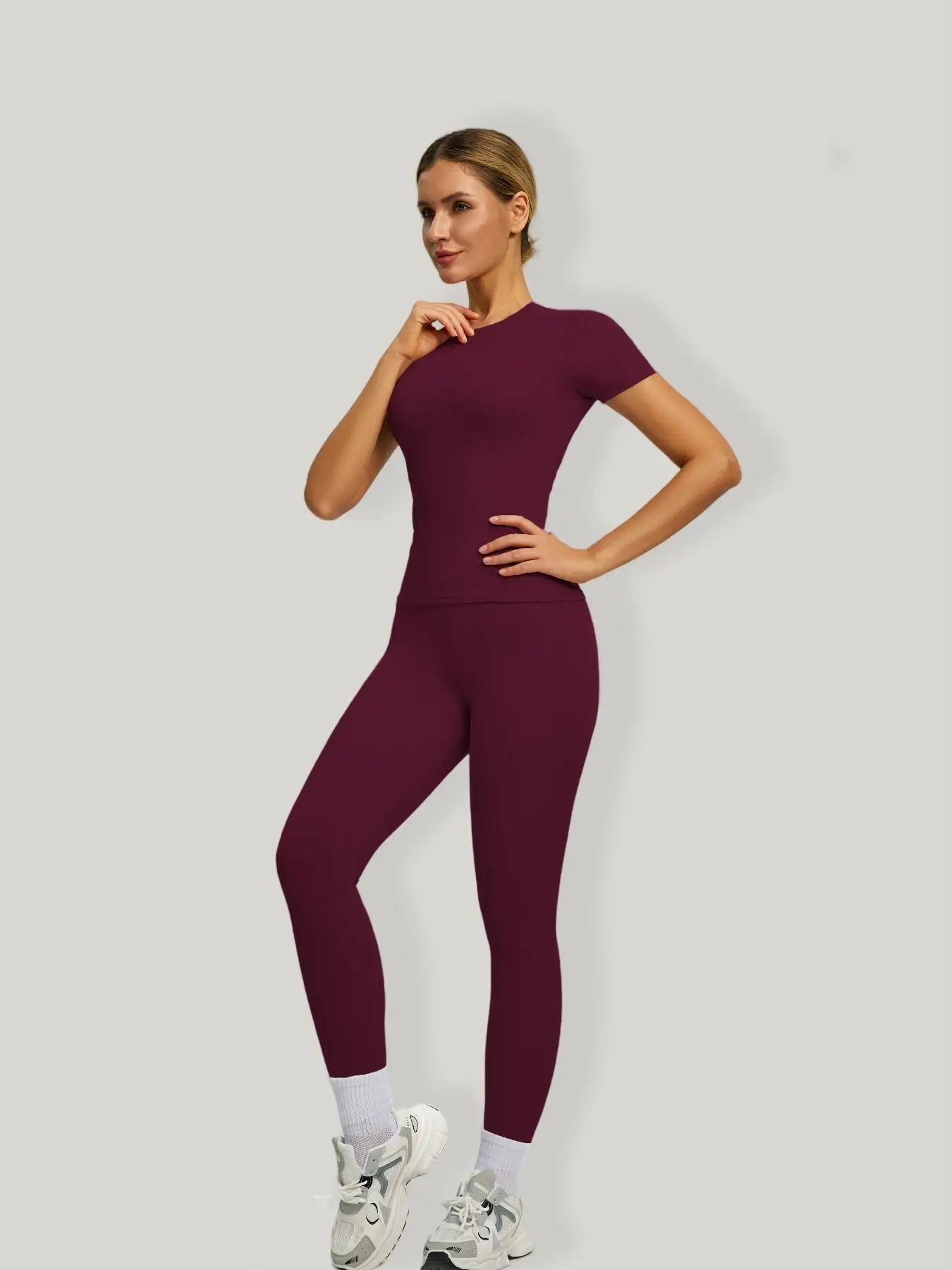 Women's Short Sleeve Sporty Set, High Waist Yoga Pants & T-Shirt Combo, Ideal for Fitness Gym Sculpting Workout image 6