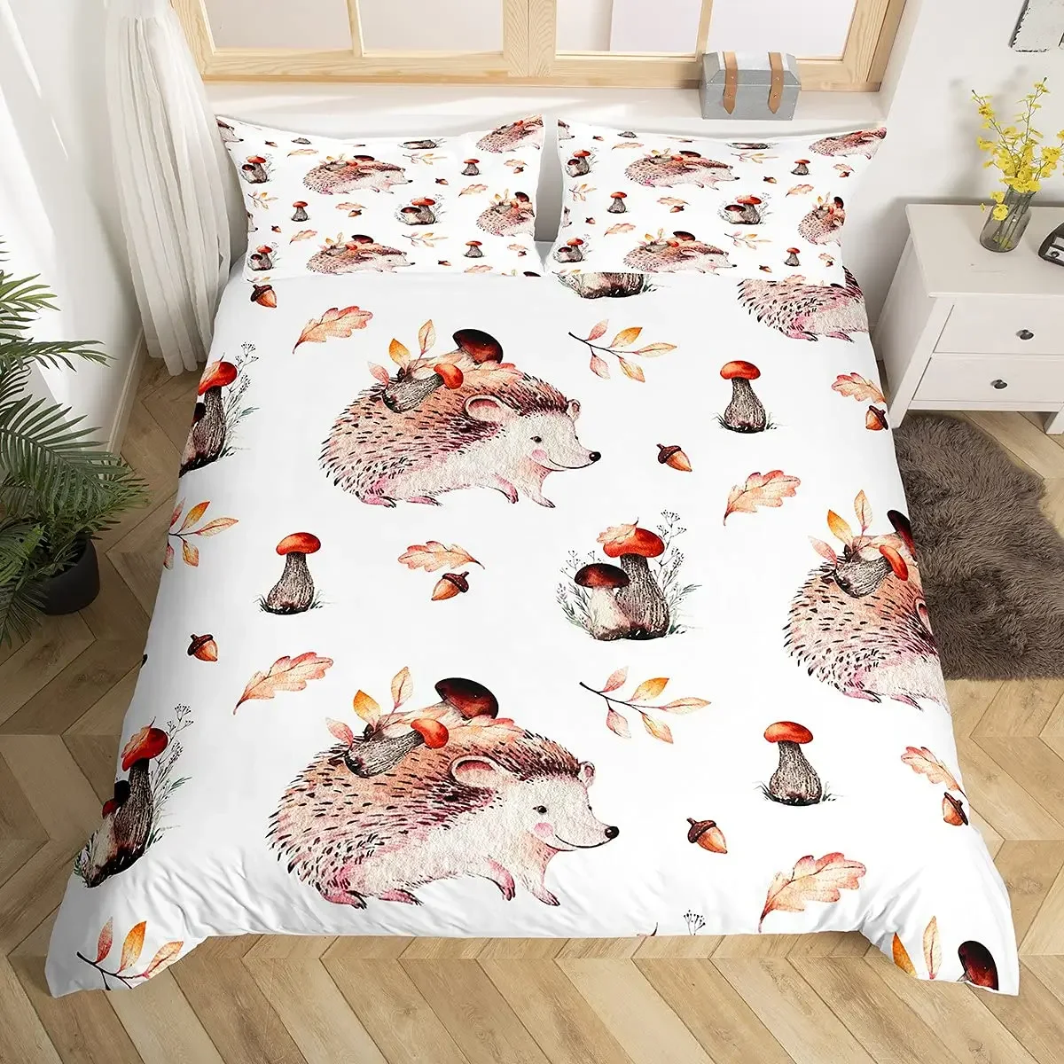 Hedgehog Duvet Cover Mushroom for Boys Teens Cute Cartoon Wild Animal Pinecone Tree Leaf Quilt Cover Autumn Leaves Room Decor