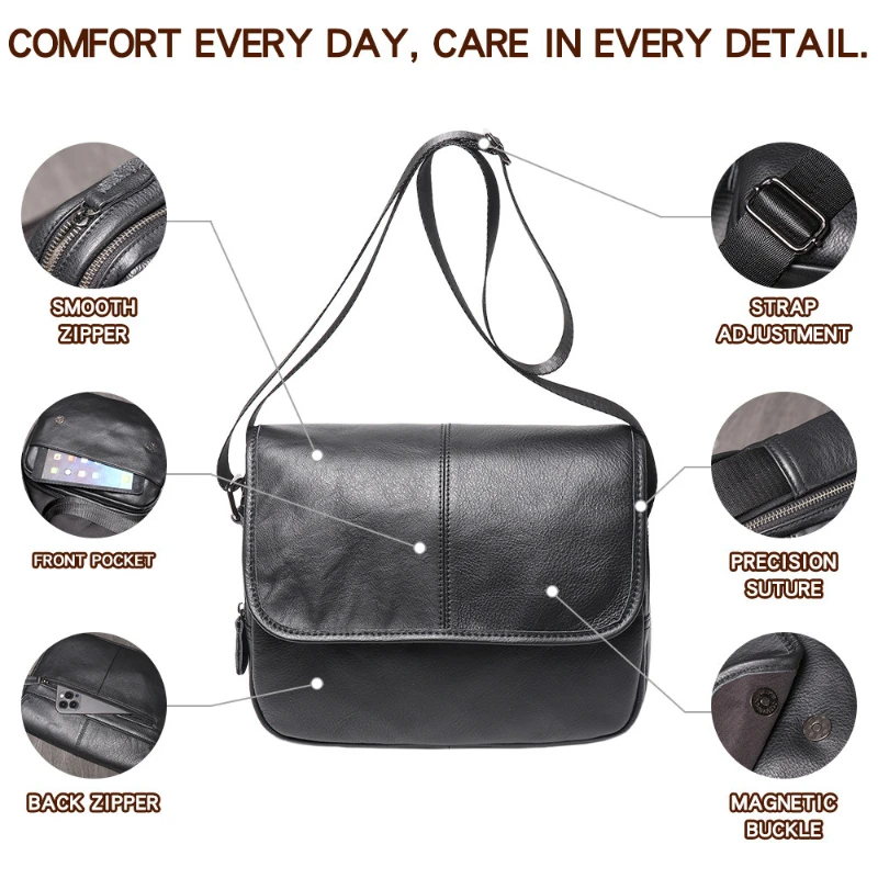 Genuine Leather Sling Shoulder Crossbody Bag for Men Clutch Handbag Multi Tote Messenger Bag for Commuting Business
