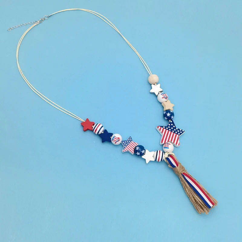 Wooden Star Tassel Pendants Necklaces USA  America Flag Uncle Sam Long Necklace for Women Independence Day Wear Fashion Jewelry