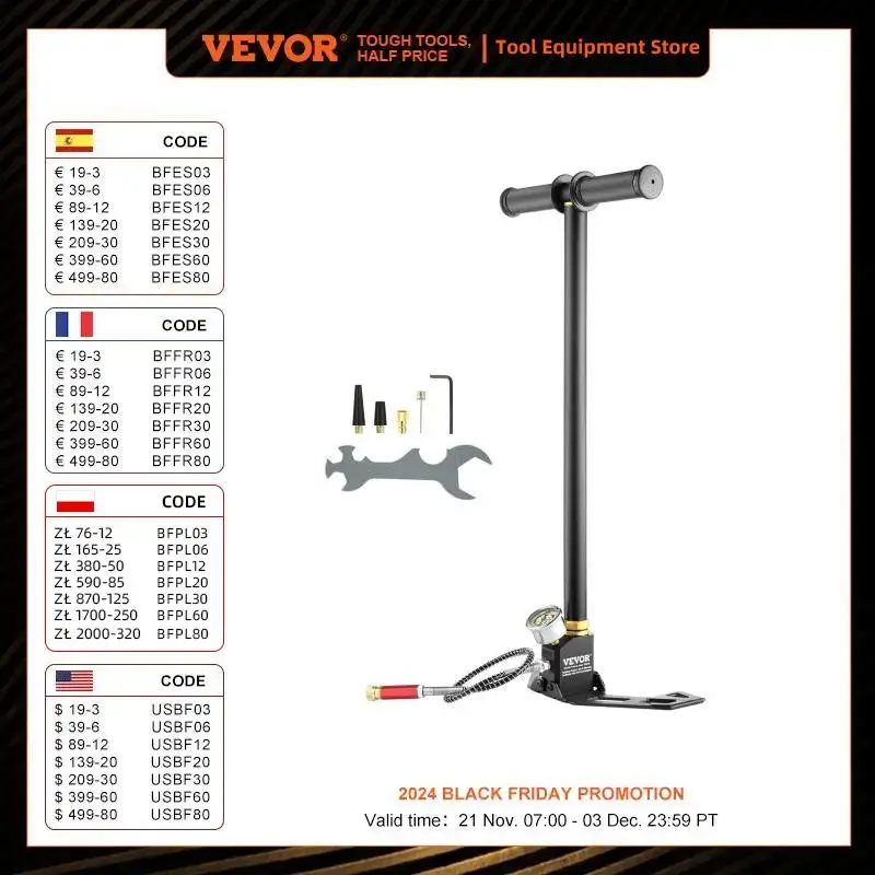 VEVOR 3 Stage PCP Pump 30MPa 4500PSI W/ Pressure Gauge Air Hand Stirrup Pump for Pistols, Rifles, Air Guns, Car Bicycle Hunting