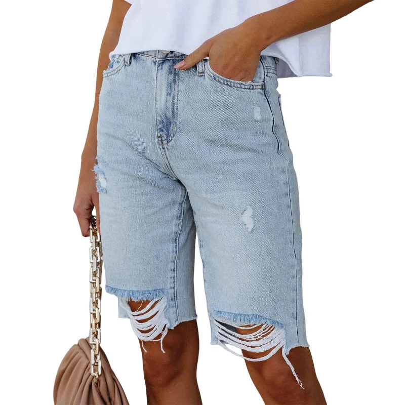 Nuovi pantaloni skinny estivi ad alta elasticità Pantaloni a cinque punti a vita media Jeans strappati Donna Hot