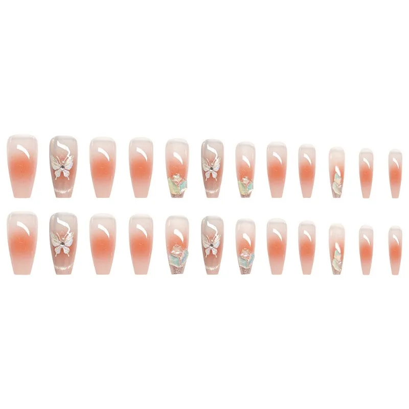 Borboleta Olho de Gato Blush Gradiente Nails Set, Pérolas, Diamantes, Press Ons, Médio, Longo, Unhas Postiças, Bonito, Stick-On Unhas Falsas, 24Pcs