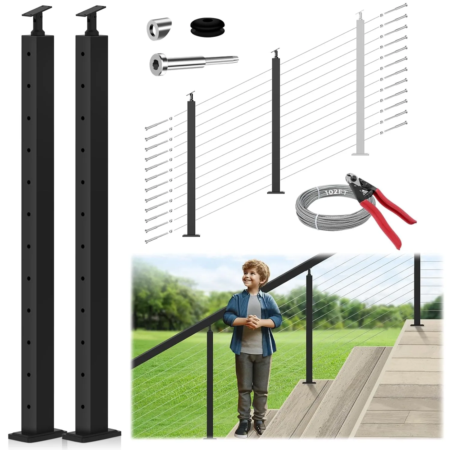 42" One-Stop Stair Cable Railing Posts Kit, 33° Drilled 2Pack Stair Posts, 101ft Cable, 12 Sets Terminal, 48 Cable Grommets