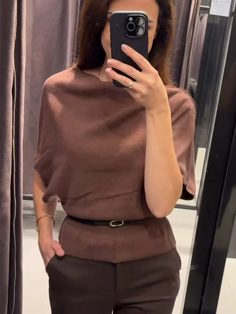 Femmes automne 2025 à manches courtes tricot porter Vintage nouveau froncé ourlet pull haut ample ceinture décoration décontracté dame tricoté pull