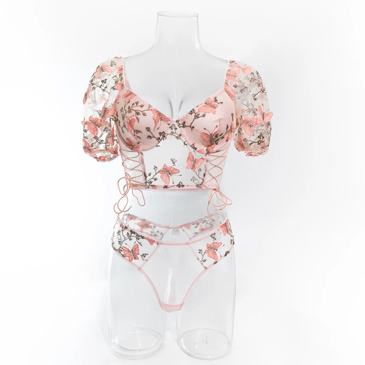 Sexy Floral Embroidery Lingerie Sets Luxury Romantic Mesh Patchwork Puff Sleeve Crop Tops And Briefs 2Pcs Set Delicate Fairy Set