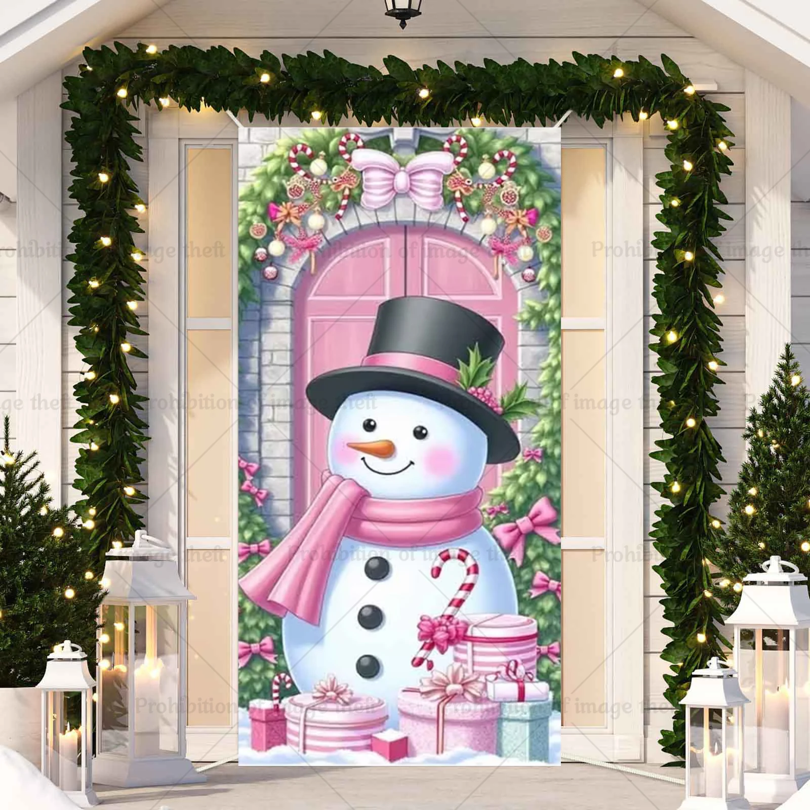 

Winter Snowman Theme Snowflake Christmas Tree Warm Light Couple Santa New Year Door Cover Outdoor Decoration Veranda Background