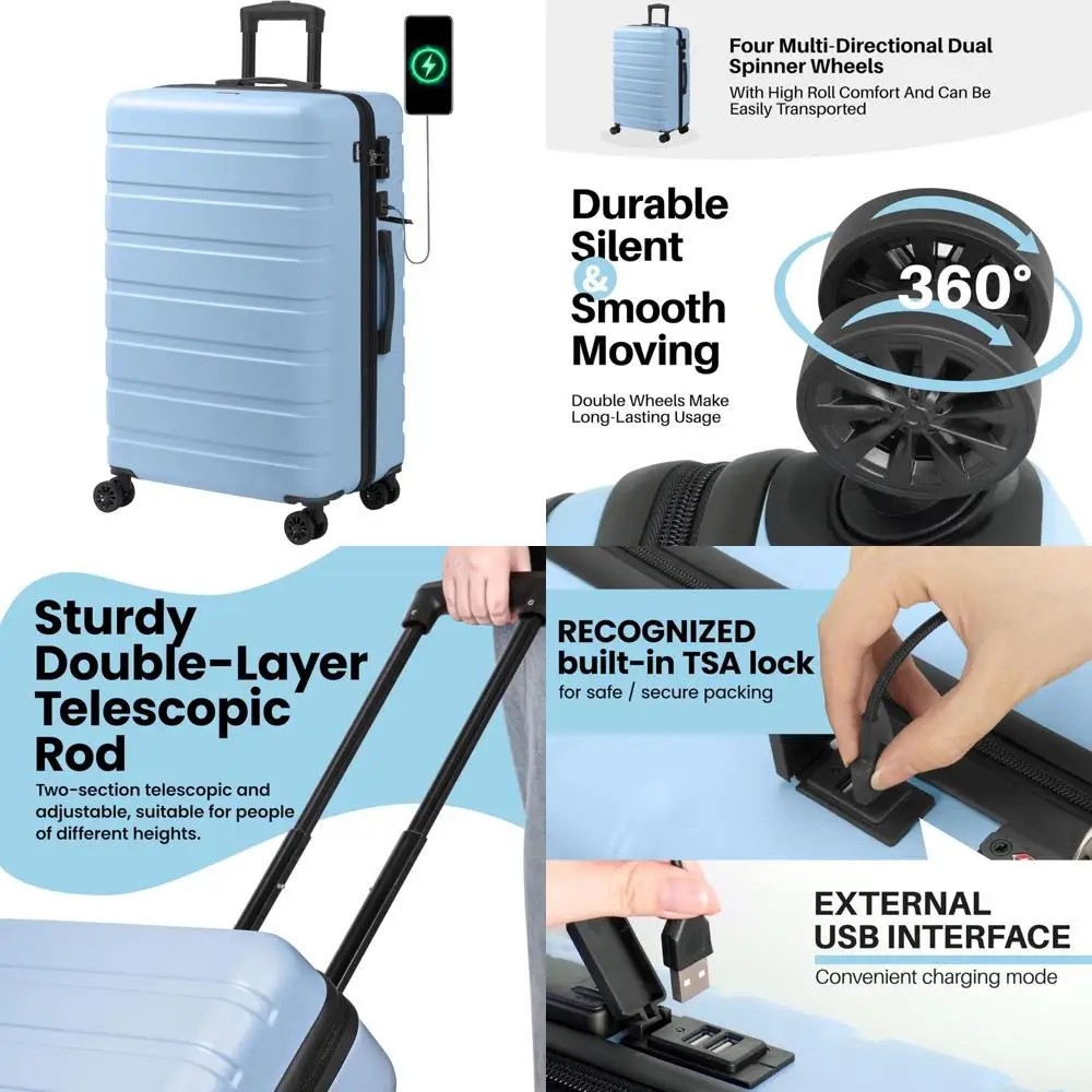 Equipaje rígido de ABS liviano con USB, cerradura TSA, ruedas, maleta grande de 28 pulgadas, maleta a cuadros azul para viaje