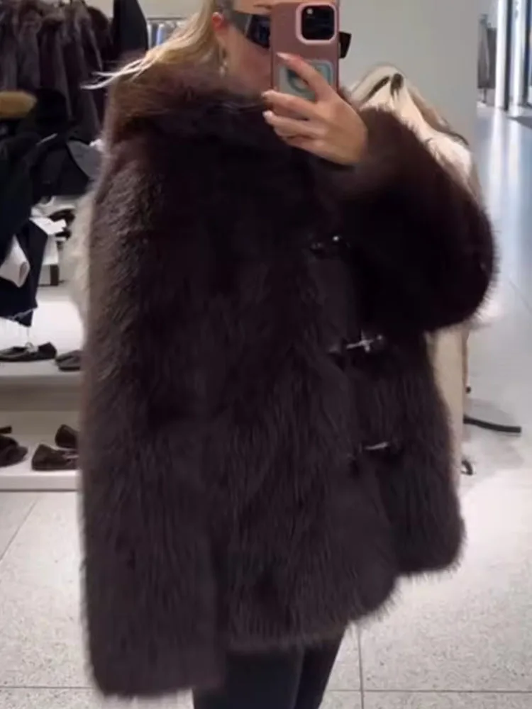 Women Fur Jacket 2025 Women New Long Sleeve Button High Street Hooded Short Fur Jacket Lady Autumn Fashion Leisure Outerwear