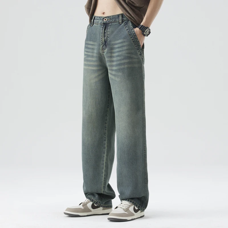 Lyocell Fabric Loose Jeans Men's Spring Summer Thin Breathable Soft Elastic Wide Leg Korean Denim Pants Retro Ice Silk Trousers