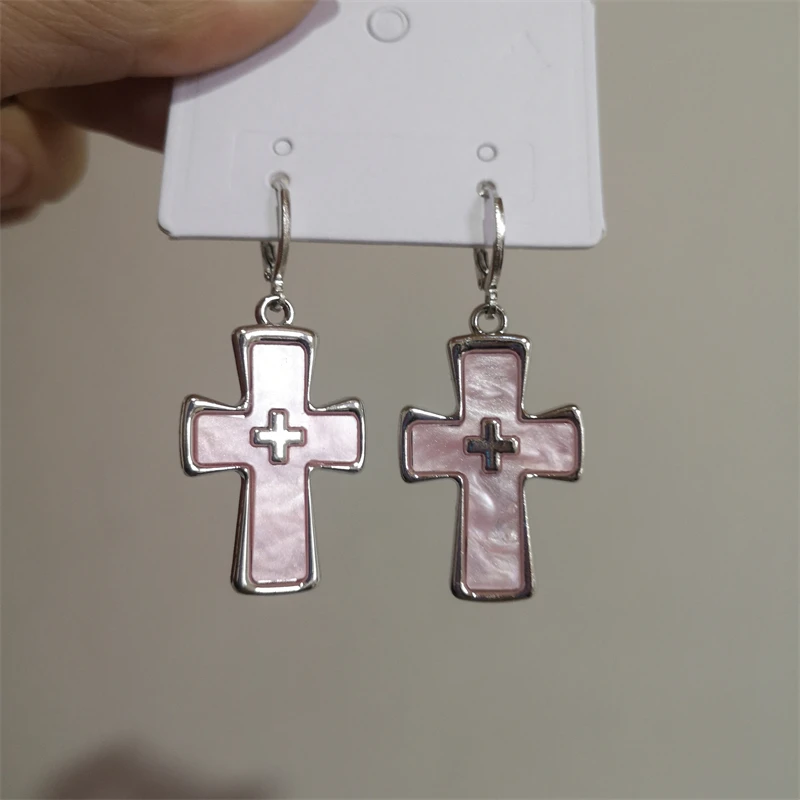 Korean Fashion Pink Crystal Star Heart Cross Earrings for Women Drop Earrings for Piercing Earrings Party Aesthetic Jewelry