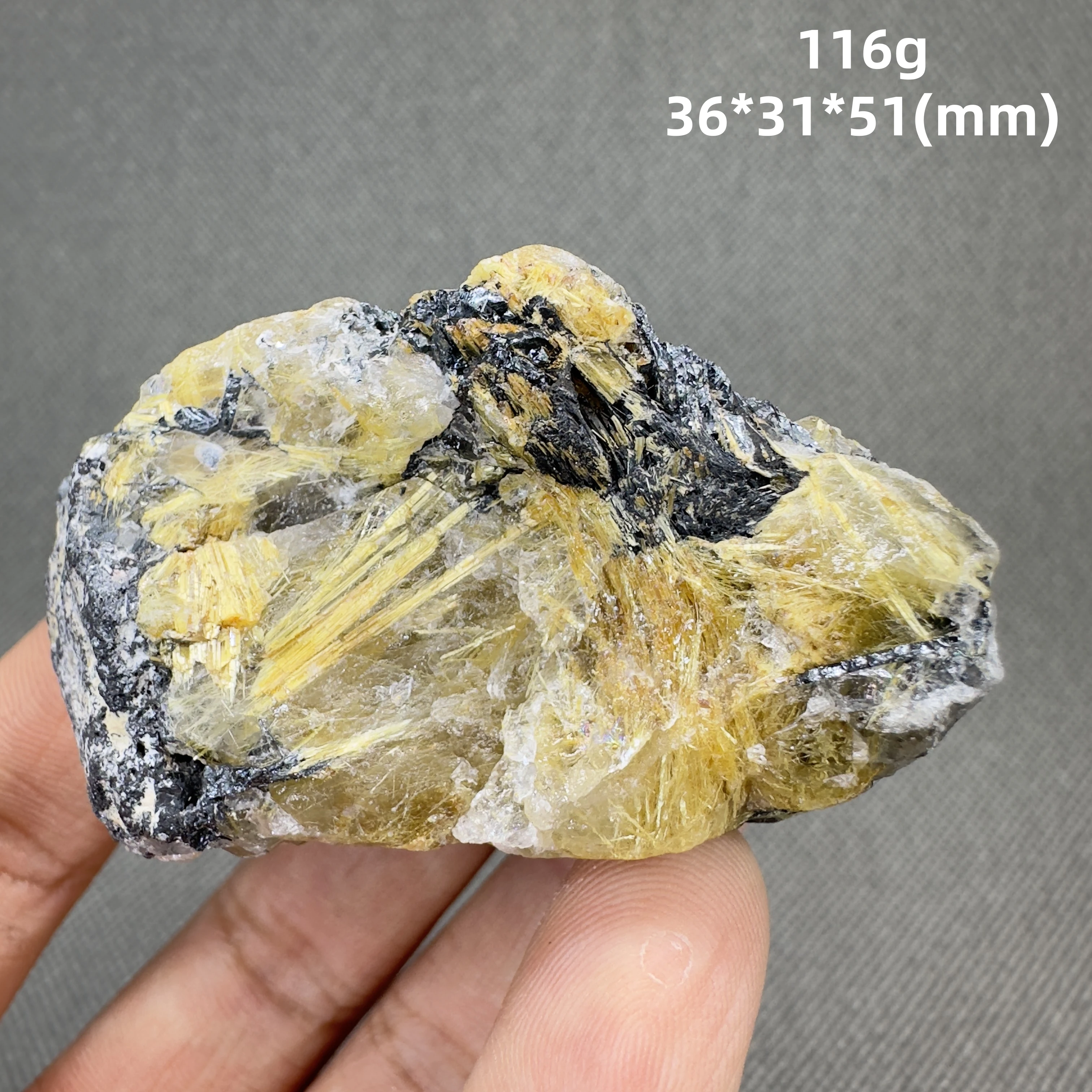 Natural Brazil Gold Rutilated Quartz Hair Crystal and specular hematite symbiosis Mineral Specimen