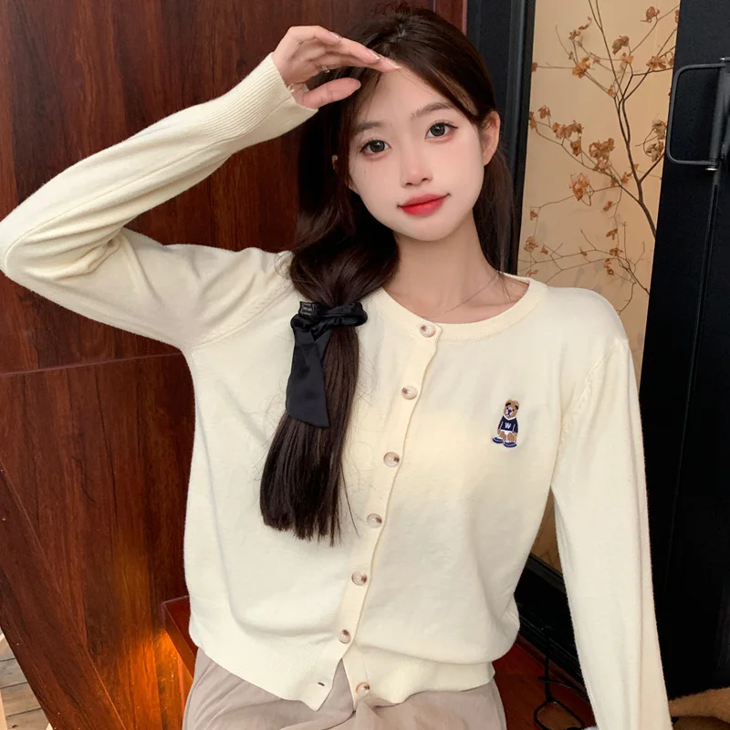 Spring Autumn Women Cardigan Fashion Embroidered Bear Long Sleeve Simple Casual Retro Slim Round Neck Korean Version