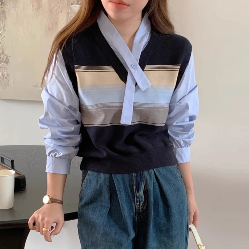 

Korejpaa Korean Pull Femme Autumn Retro Preppy Style Patchwork Fake Two Piece Striped Knitted Sweater Ribbon Long Sleeve Top