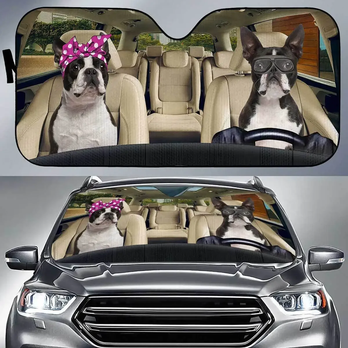 Boston terrier family driving dad mom and kids love dog car sunshade car windshield sunshade for uv sun protection car sunshade