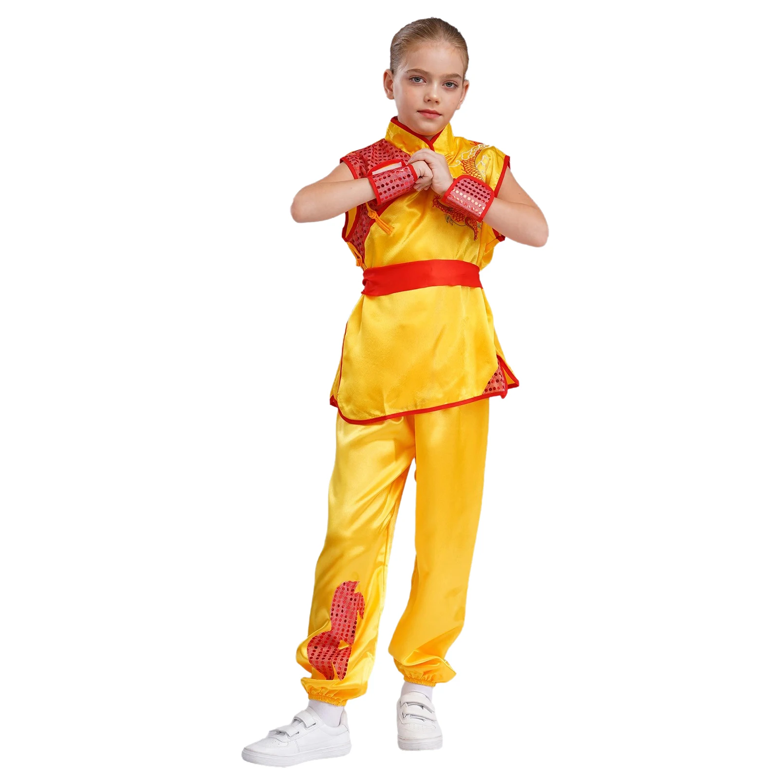 

Kids Girls Boys Satin Kung Fu Suit Unisex Martial Arts Performance Costume Dragon Embroidery Dots Tops with Pants Belt Cuffs Set