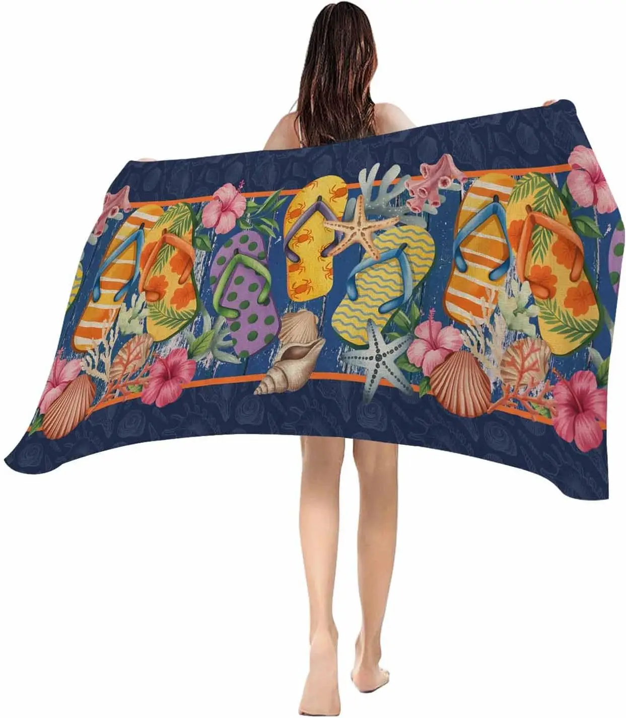 Beach Towel Flip Flops Bath Pool Towels Slippers Summer Holidays Marine Life Soft Absorbent Beach Towel Lightweight Large Quick