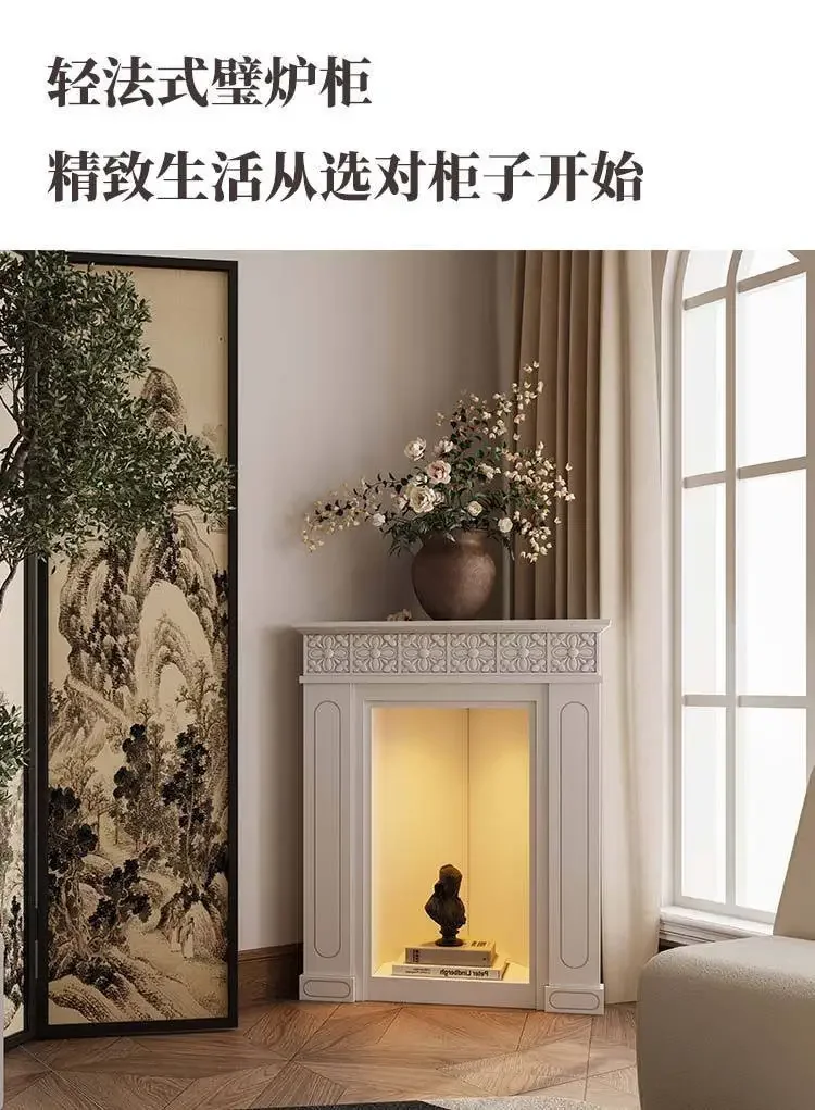 triangle with light carved fireplace cabinet,  entrance corner side cabinet, decorative corner cabinet against the wall
