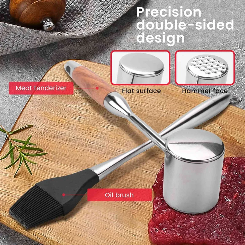 Double-Sided Meat Tenderizer Hammer With Non-Slip Wooden Handle, Steak Hammer With Silicone Oil Brush