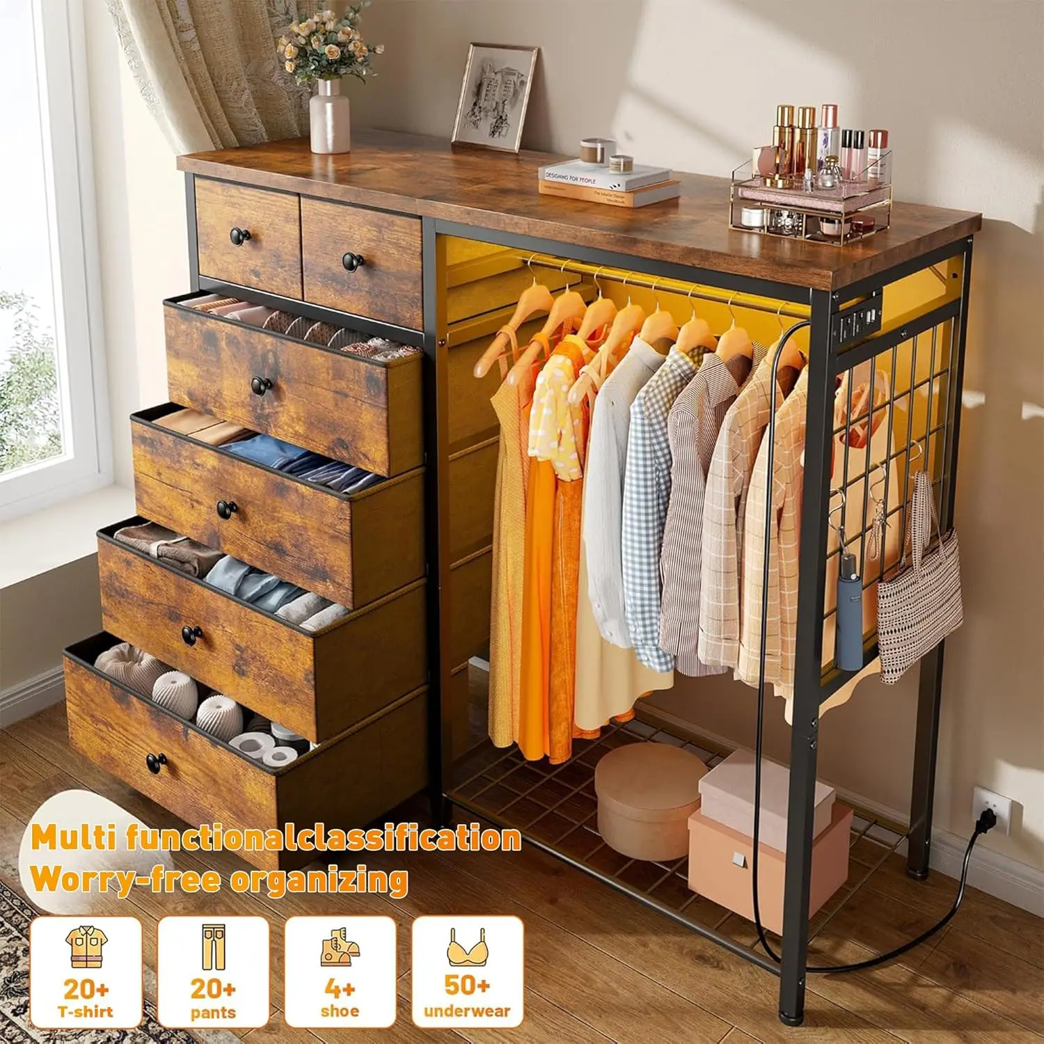 49.2" W Dresser with Hanging Rack & 6 Fabric Drawers – Wooden Top Organize Unit Featuring LED Lights, Charging Station & Grid Pa