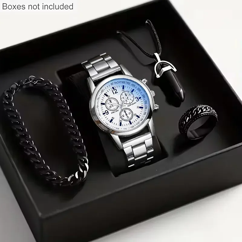 Men 4Pcs Watch Jewelry Set Geneva Roman Dial Wristwatch Bracelet Necklace Ring Relojes Hombre Boxes Not Included