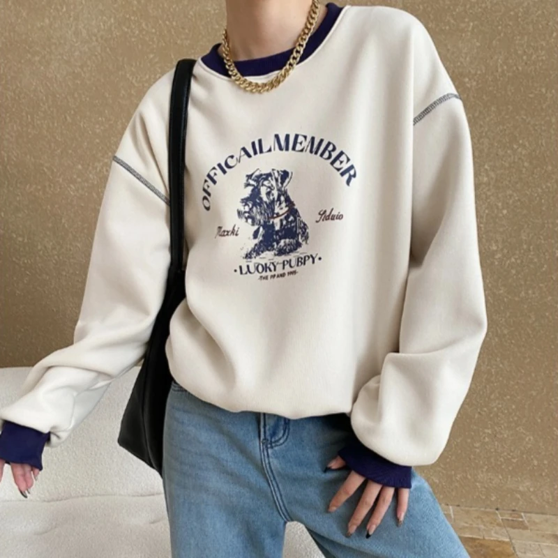

Sweatshirts Women Tops Round Neck Full Sleeve Print Letter Y2k Streetwear Elegant Splice Sweatshirt Casual Autumn Winter 2025