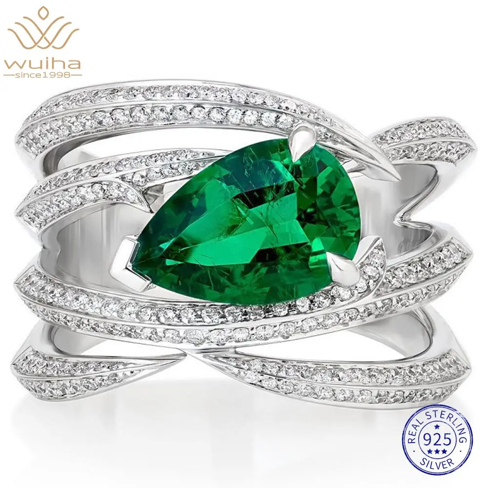 

WUIHA 100% 925 Sterling Silver Pear Cut Emerald High Carbon Diamonds Wedding Engagement Cocktail Rings Fine Jewelry Wholesale