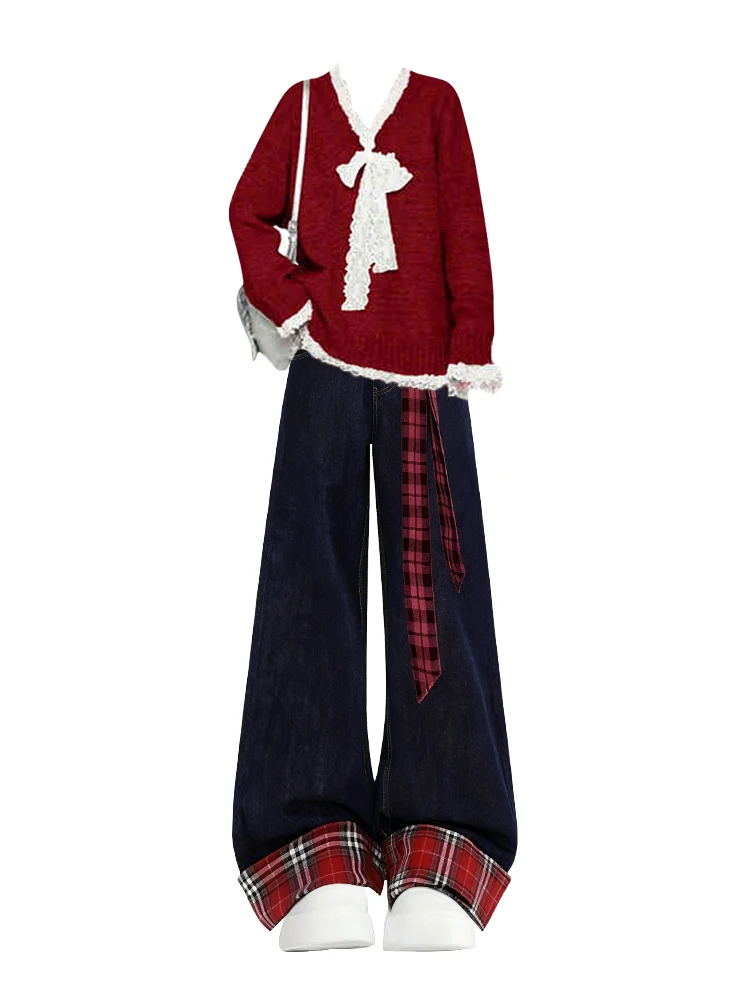 السنة الجديدة الأحمر Aosphere الحلو الدانتيل الربط محبوك سترة عالية الخصر واسعة الساق الجينز Faionable الزي قطعتين مجموعة النساء