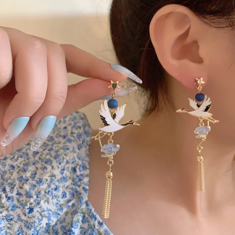 Chinese Style Cloud Crane Dangle Earrings For Women Asymmetric Long Tassel Cute Rabbit Flower Cartoon Earring Party Jewelry Gift