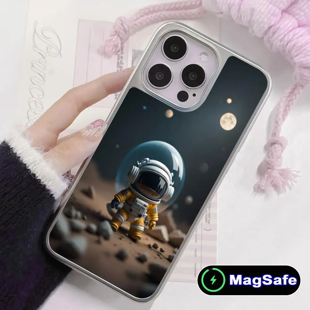

Милый чехол для телефона с космонавтом для iPhone 17 16 15 14 13 12 11 Air Pro Max Plus Magsafe, серебристое покрытие, разноцветный