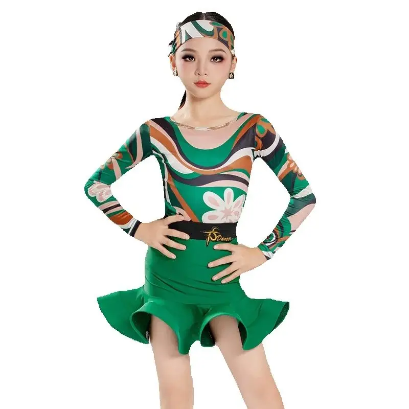 ملابس الرقص اللاتينية ذات النمط الأخضر للفتيات قاعة الرقص المنافسة زي الاطفال السالسا السامبا اللاتينية الرقص الدعاوى SL14066 #5