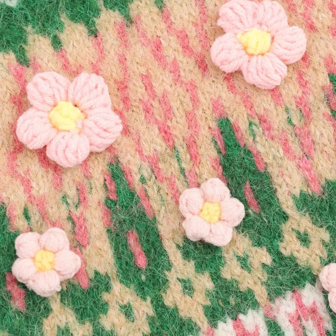 2025 Vintage Winter Vrouwen Geometrische Plaid 3D Bloem Volledige Mouw Slouchy Gebreid Vest V-hals Losse Totem Trui Groen Kaki