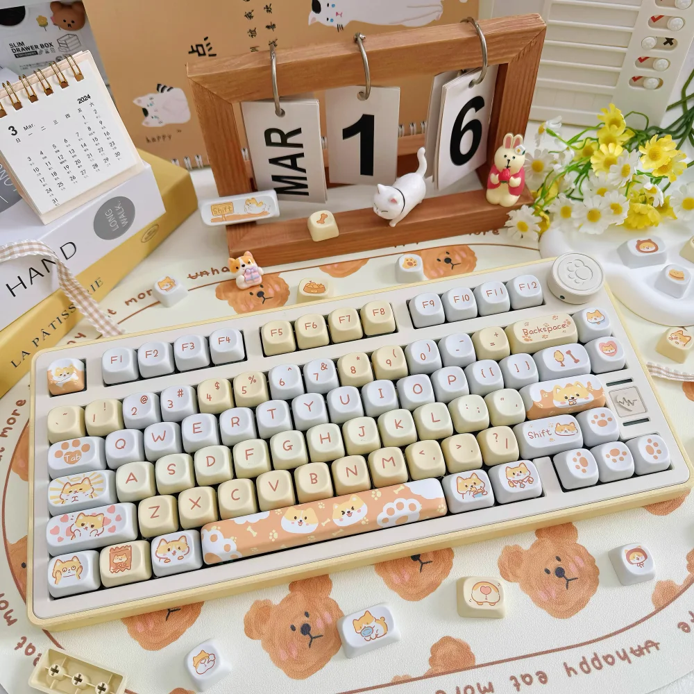 Cute Kitten and Puppy Usachi MOA Keycap 95 Key PBT Girl Gift Keycap Compatible MX Switch 60/70/80 Mechanical Keyboard