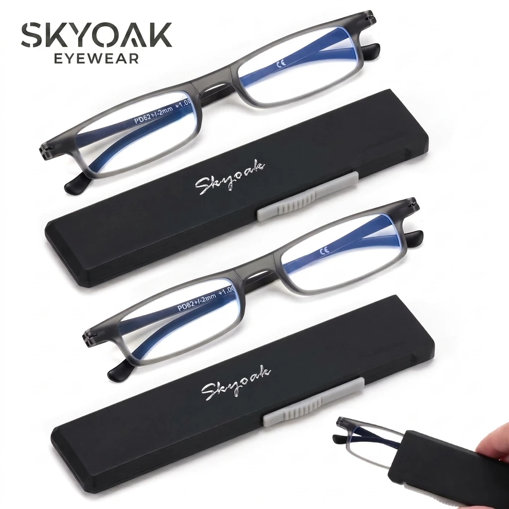 SKYOAK 2 Pack Ultra Thin Folding Reading Glasses for Women Men, TR90 Blue Light Blocking Readers with Slim Flat Case