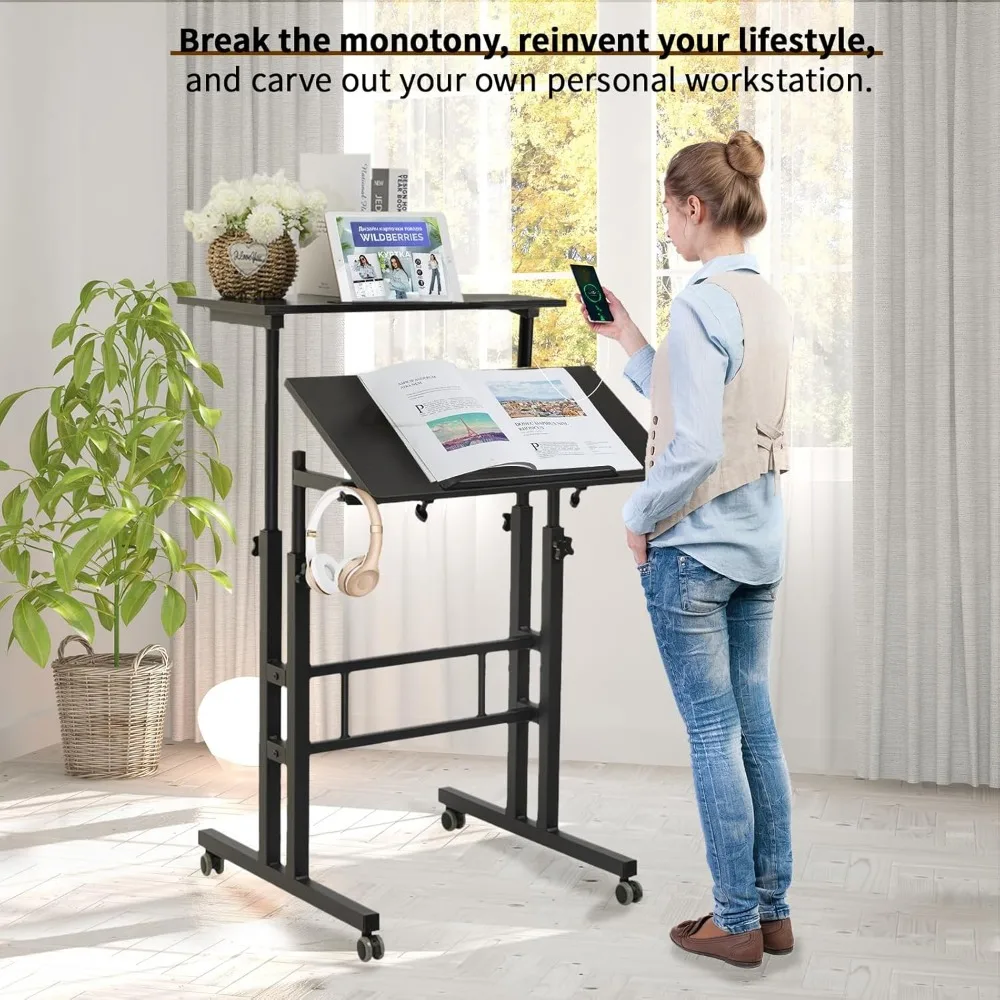 Verstellbarer Laptop-Schreibtisch mit Ladestation – mobiler stehender Computerwagen für den ergonomischen Einsatz