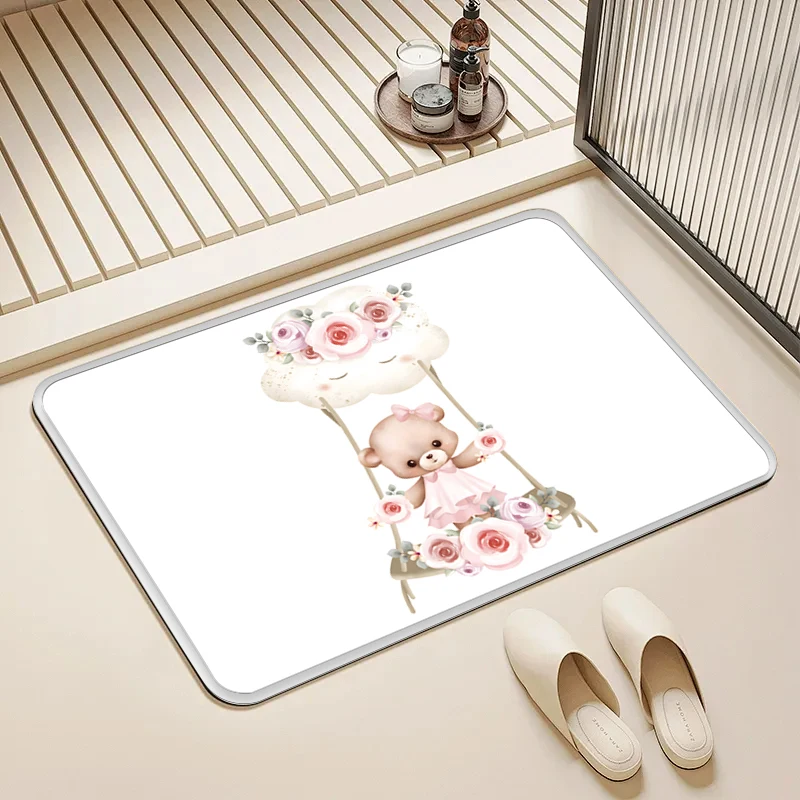

Floral Teddy Bear Swing Flannel Doormat Non-Slip Absorbent Soft Floor Mat for Entryway Bathroom Nursery Home Decor