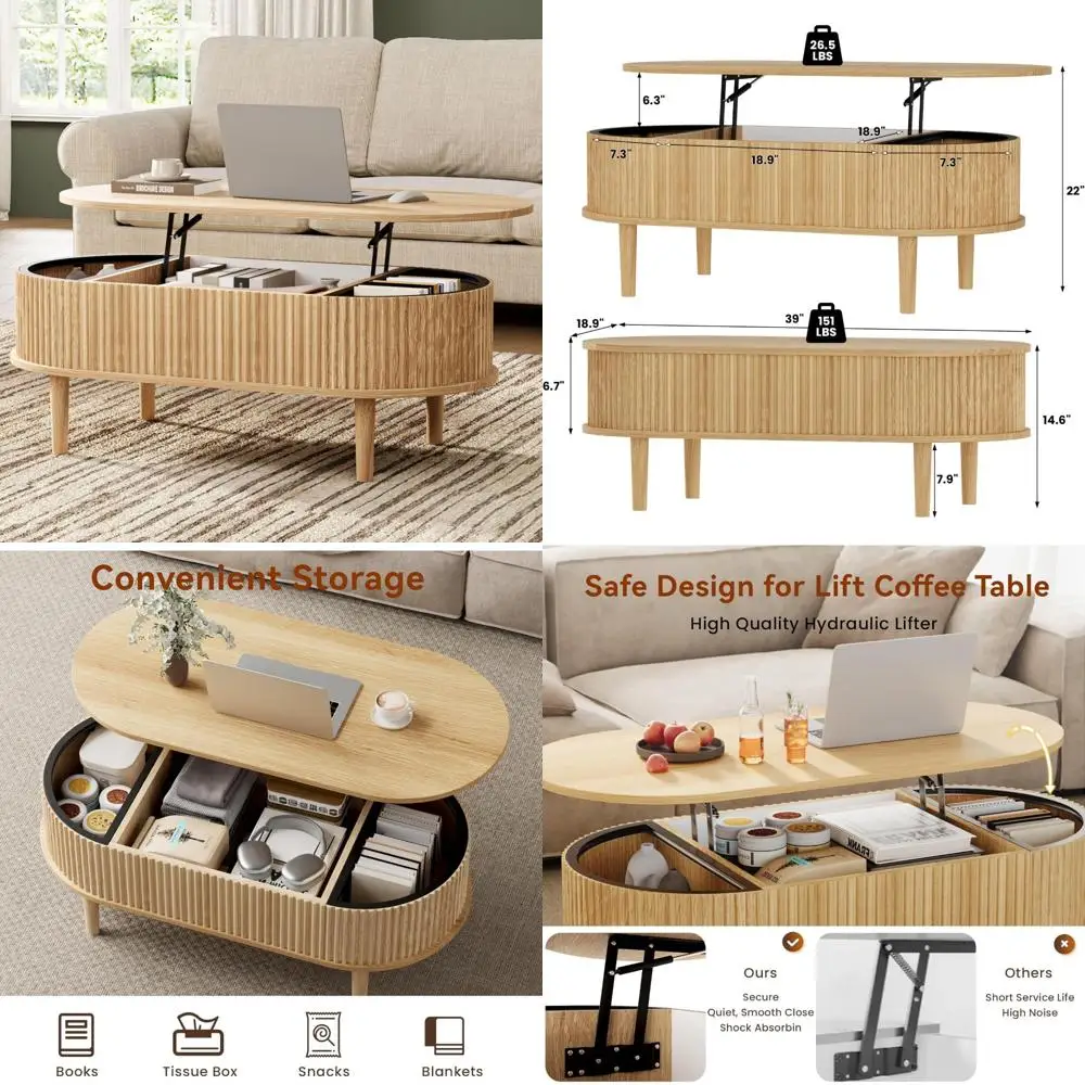 

Овальный журнальный столик с подъемным верхом и местом для хранения вещей, рифленый дизайн 39, скрытый отсек, полностью собранный для гостиной