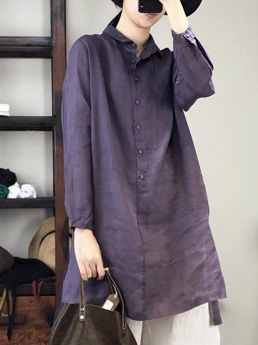 

Casual Long Sve Women's Linen irt Large Size Open Cardigan Cotton Linen Top Comfortable Loose Fit Regular Length Pure Color