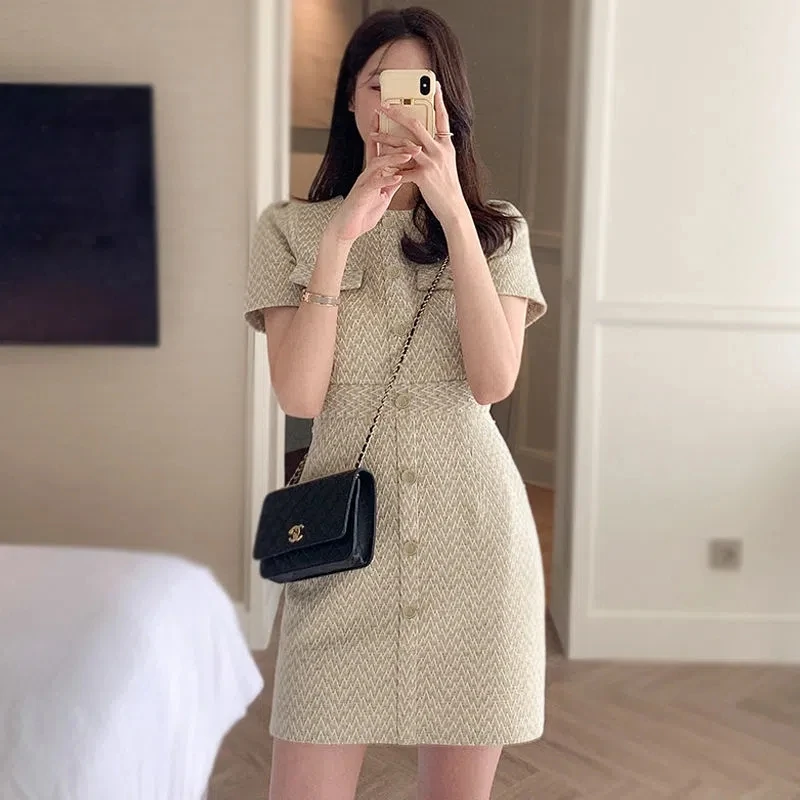 

2023 Summer Luxury New Short Sleeve Round Neck Long Slim Fit Professional OL Commuter Dress Vestido Feminino Robes