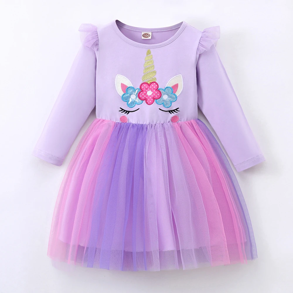 Toddler Girl Tutu Dress Purple Long Sleeved Rainbow Unicorn Prince Dress for Girls 2-7 Years