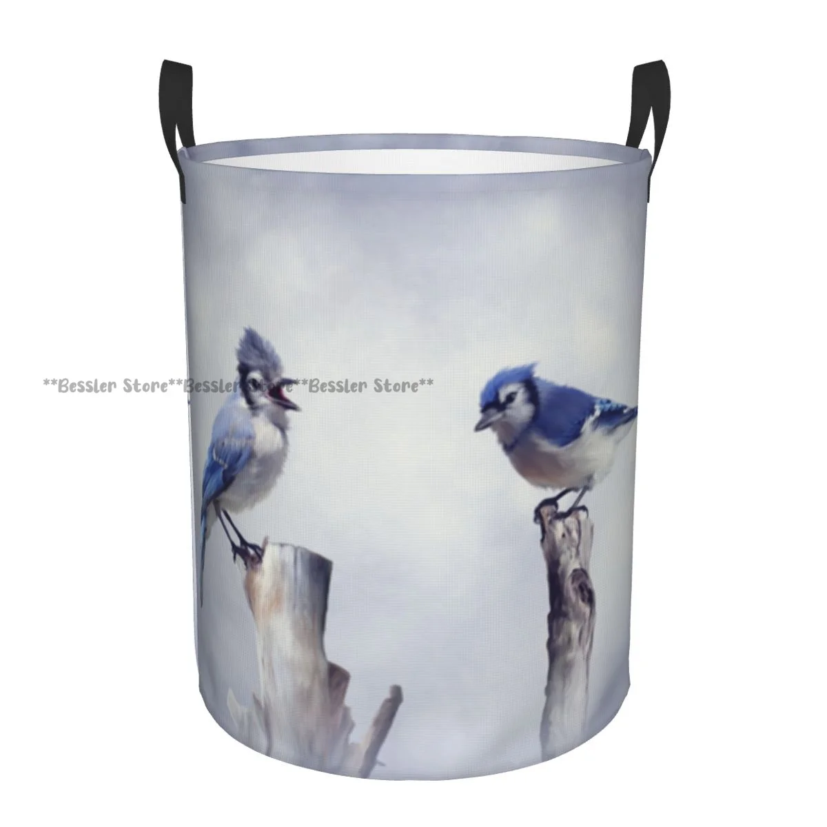 Foldable Laundry Basket for Dirty Clothes Bluish Jay Birds Perching On Thin Tree Log Smoky Cloudy Backdrop Storage Hamper