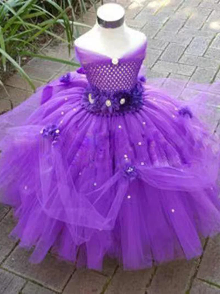 Urocze dziewczęce ślubna Tutu sukienki dla dzieci kwiat zrobiony na szydełku sukienka z trenem suknia balowa z opaską na głowę dla dzieci Cosplay niestandardowe sukienki księżniczki — zdjęcie 2