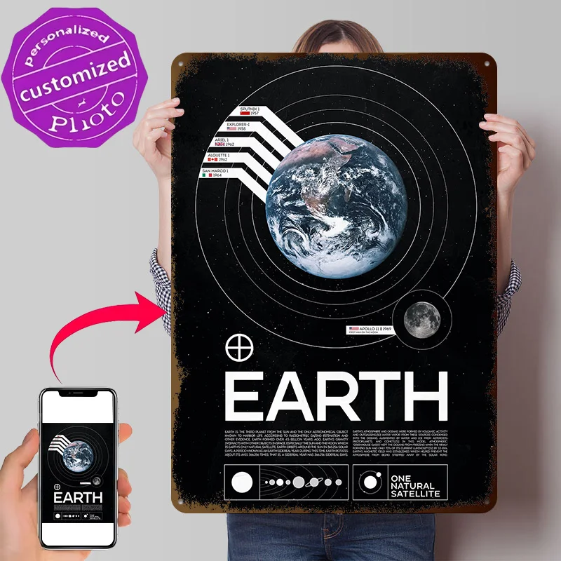 Earth and Moon Space Exploration 3D Texture Printed Poster Custom Vintage Metal Tin Plate Sign for Wall Art Interior Accessories