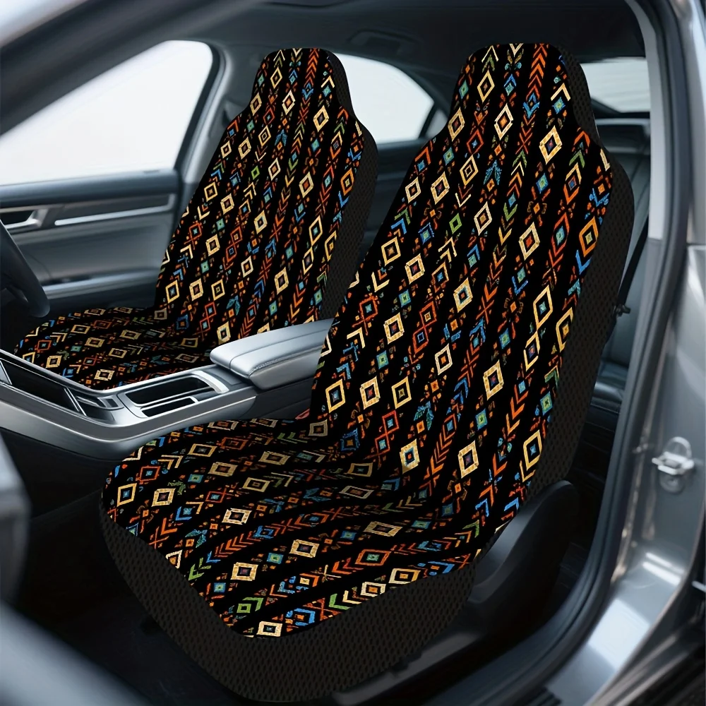 2pcs, Elegant Abstract Geometric Diamond Pattern Art Print Front Seat Covers, Great Present For Friends With Cars, Quick To Remo