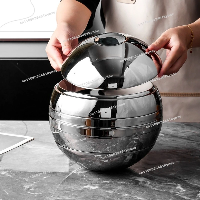 Stainless Steel Spherical Set, Seven-piece Set of Bowls and Plates, Art Spherical Ornament, Bright Bowl, Double-layer Anx.
